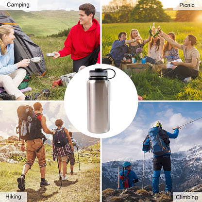 Silver Wukusy stainless steel double wall vacuum-insulated water bottle, 1000 ml, with sleek design for home and kitchen use.