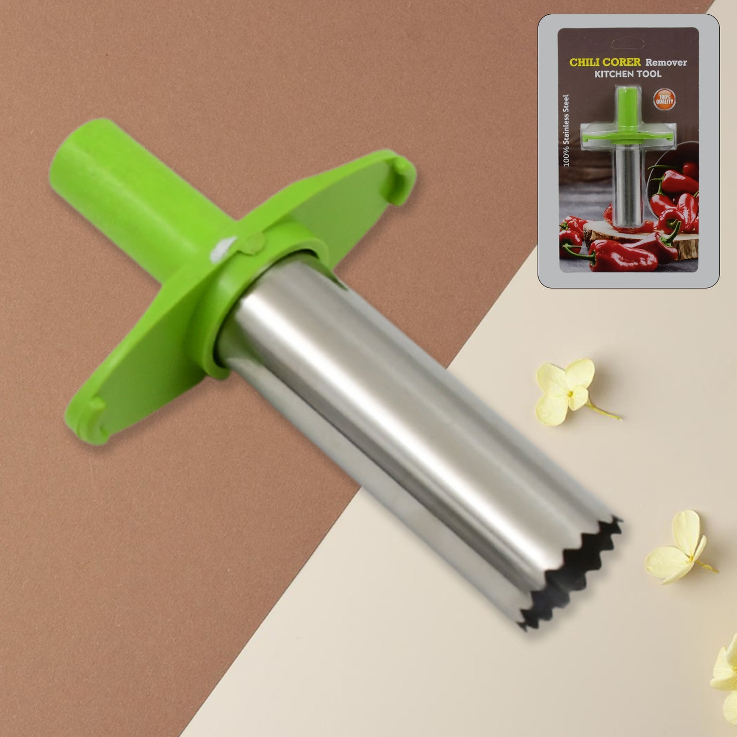 Small stainless steel chili corer and remover kitchen tool by Wukusy, designed for easy chili deseeding and preparation.