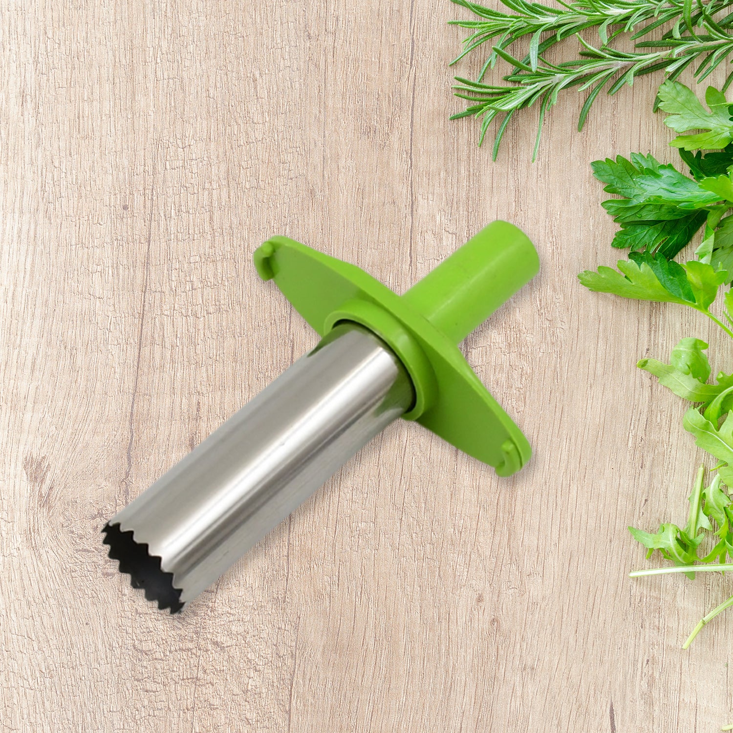 Small stainless steel chili corer and remover kitchen tool by Wukusy, designed for easy chili deseeding and preparation.