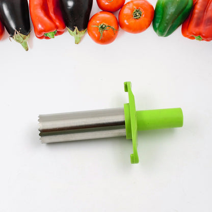 Small stainless steel chili corer and remover kitchen tool by Wukusy, designed for easily removing chili stems.