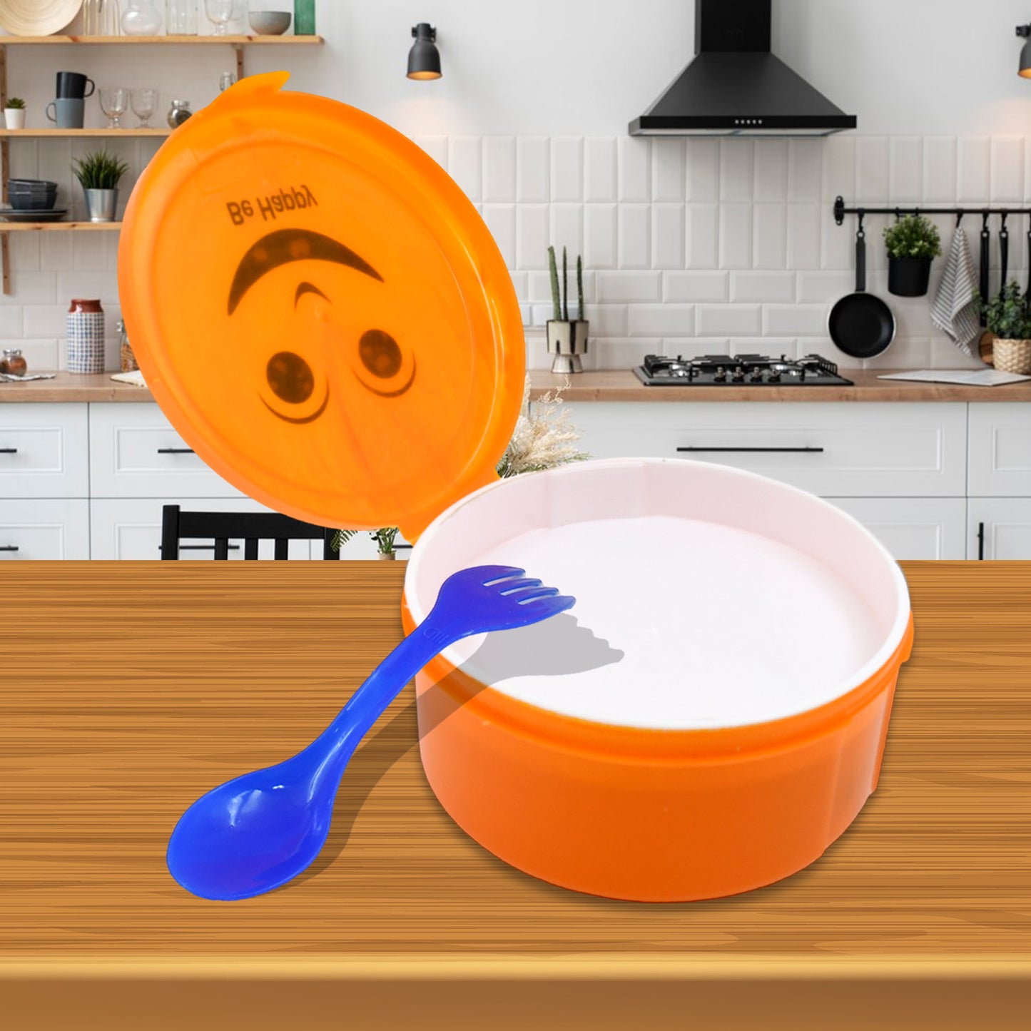 Wukusy Smily plastic lunch box with 2-in-1 spoon, small size, ideal for kids' home and kitchen use in vibrant colors.
