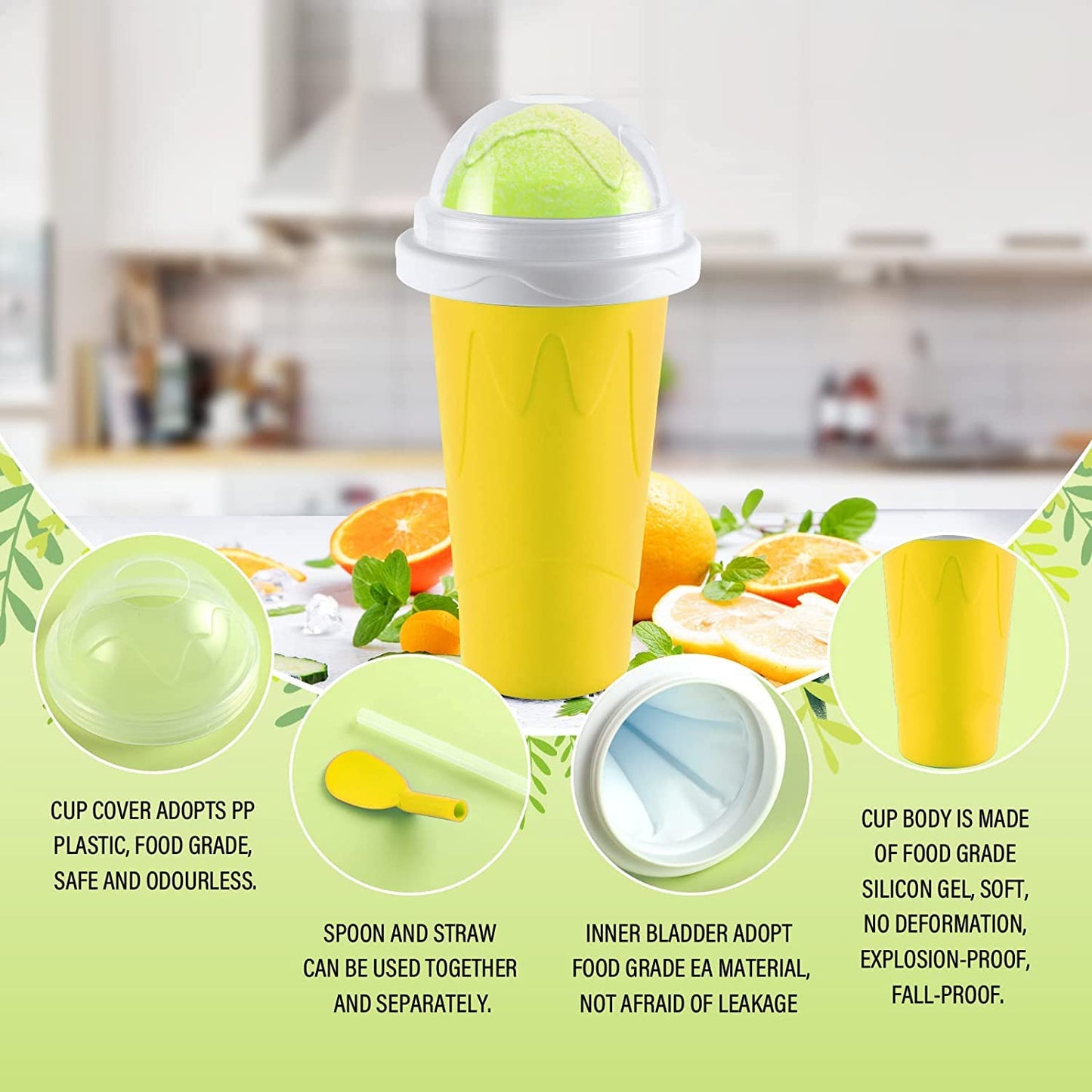 Wukusy double-layer smoothies maker cup for quick frozen drinks, squeeze and slushy preparation, in a sleek home kitchen setting