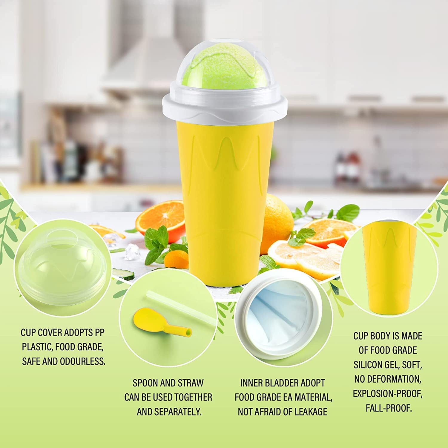 Wukusy double-layer smoothies maker cup for quick frozen drinks, squeeze and slushy preparation, in a sleek home kitchen setting