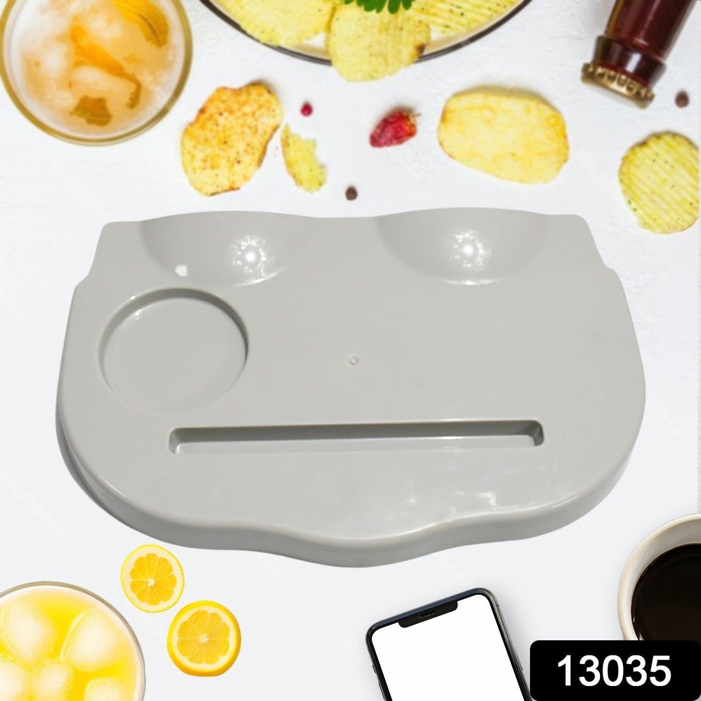 Wukusy snack caddy tray with drink cup holder, ideal for movie nights, featuring multiple compartments for snacks and beverages.