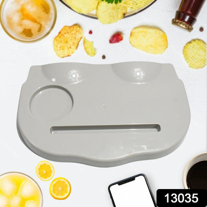 Wukusy snack caddy tray with drink cup holder, ideal for movie nights, featuring multiple compartments for snacks and beverages.