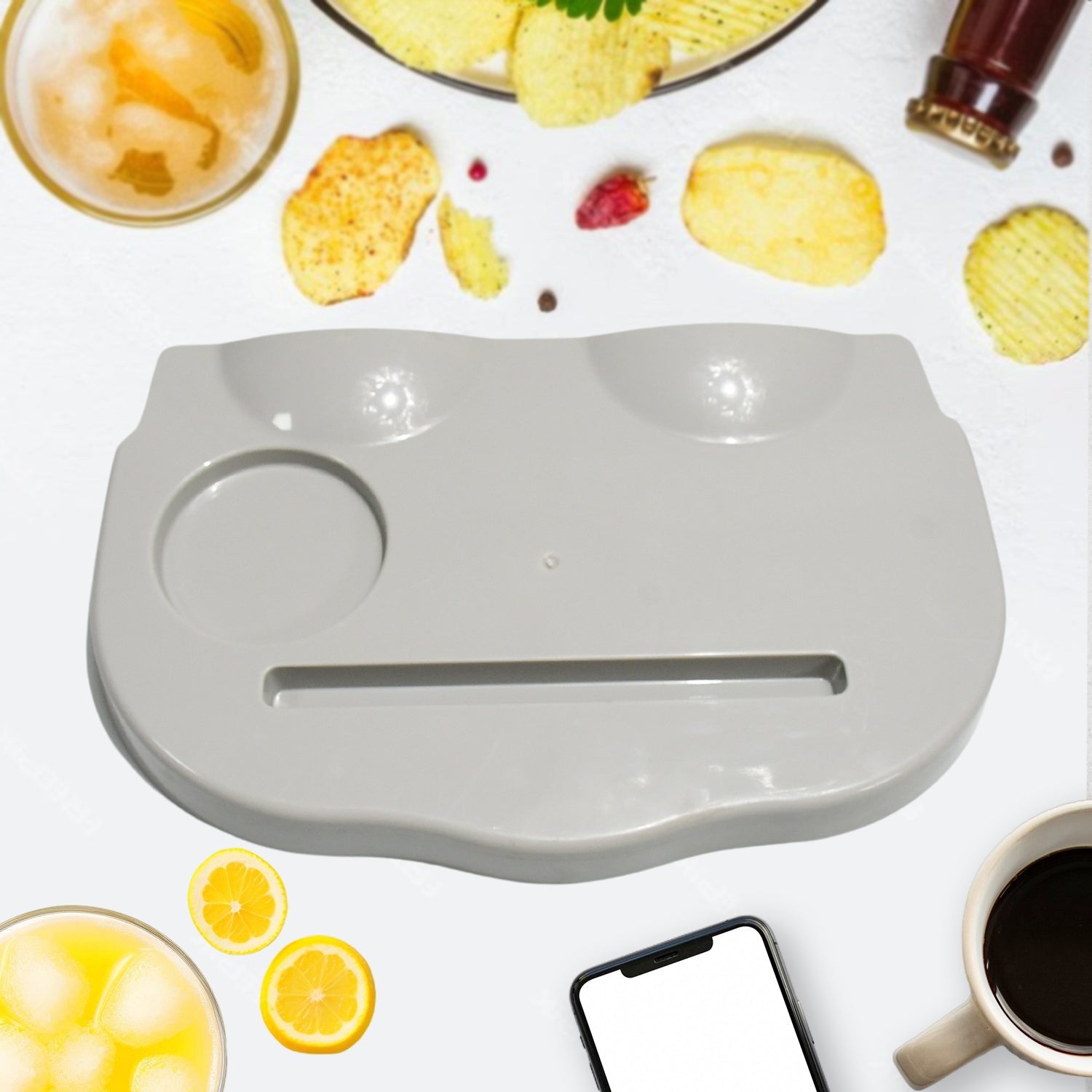 Wukusy snack caddy tray with drink cup holder for movie nights, featuring multiple compartments for snacks and beverages.