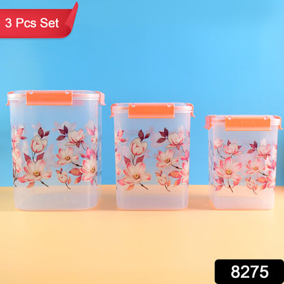 Wukusy 3-piece floral printed airtight storage container set with 2.8L, 4.5L, and 6.9L capacity for kitchen storage.