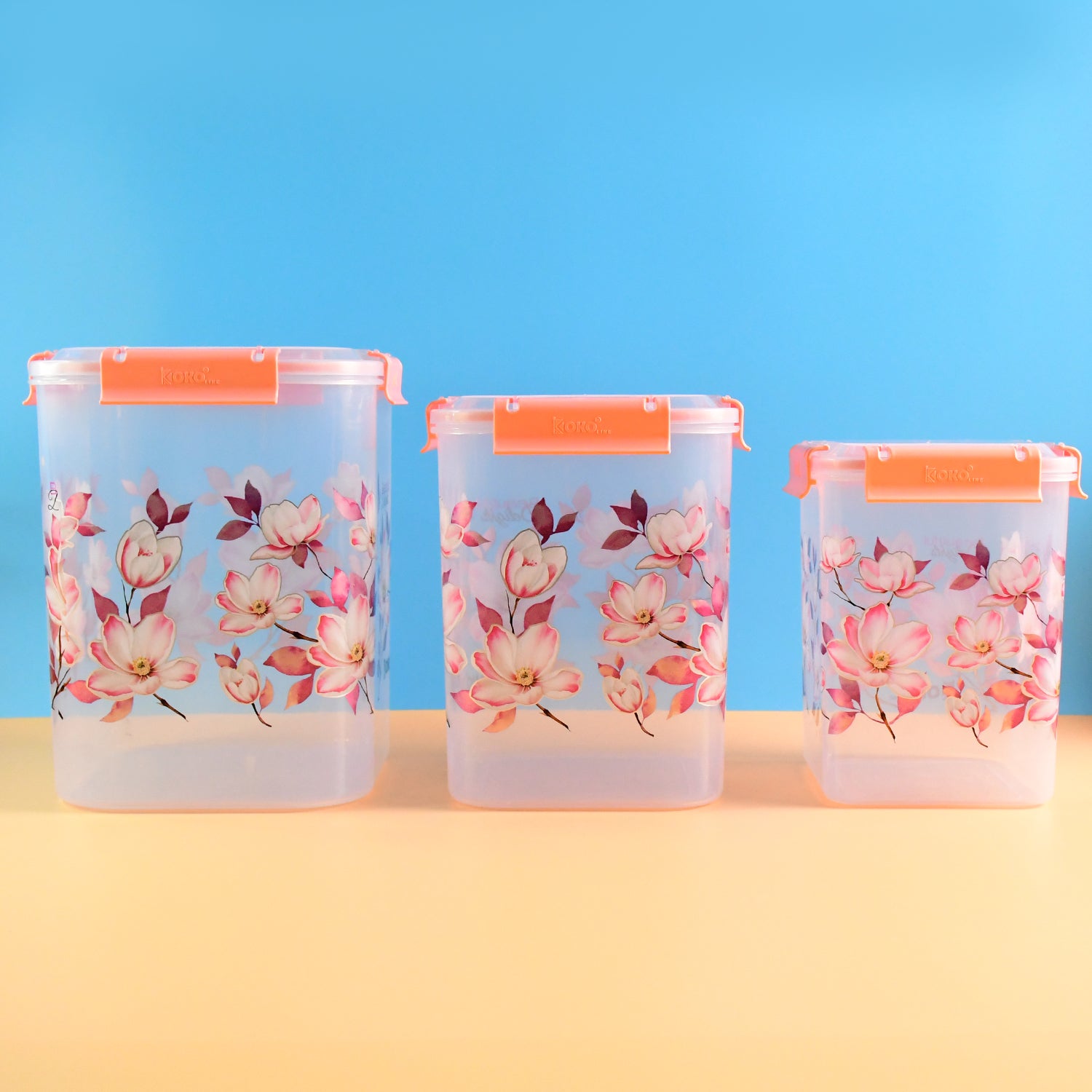 Wukusy 3-piece floral printed airtight storage container set in 2.8, 4.5, and 6.9 liters for kitchen storage.