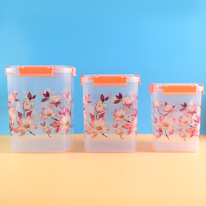 Wukusy 3-piece floral printed airtight storage container set in 2.8, 4.5, and 6.9 liters for kitchen storage.