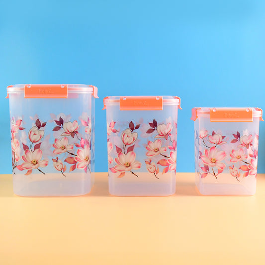 Wukusy 3-piece floral printed airtight storage container set in 2.8, 4.5, and 6.9 liters for kitchen storage.