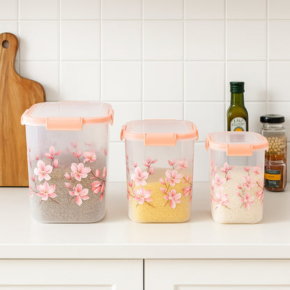 Wukusy 3-piece floral printed airtight storage container set with 2.8L, 4.5L, and 6.9L capacity for kitchen organization.