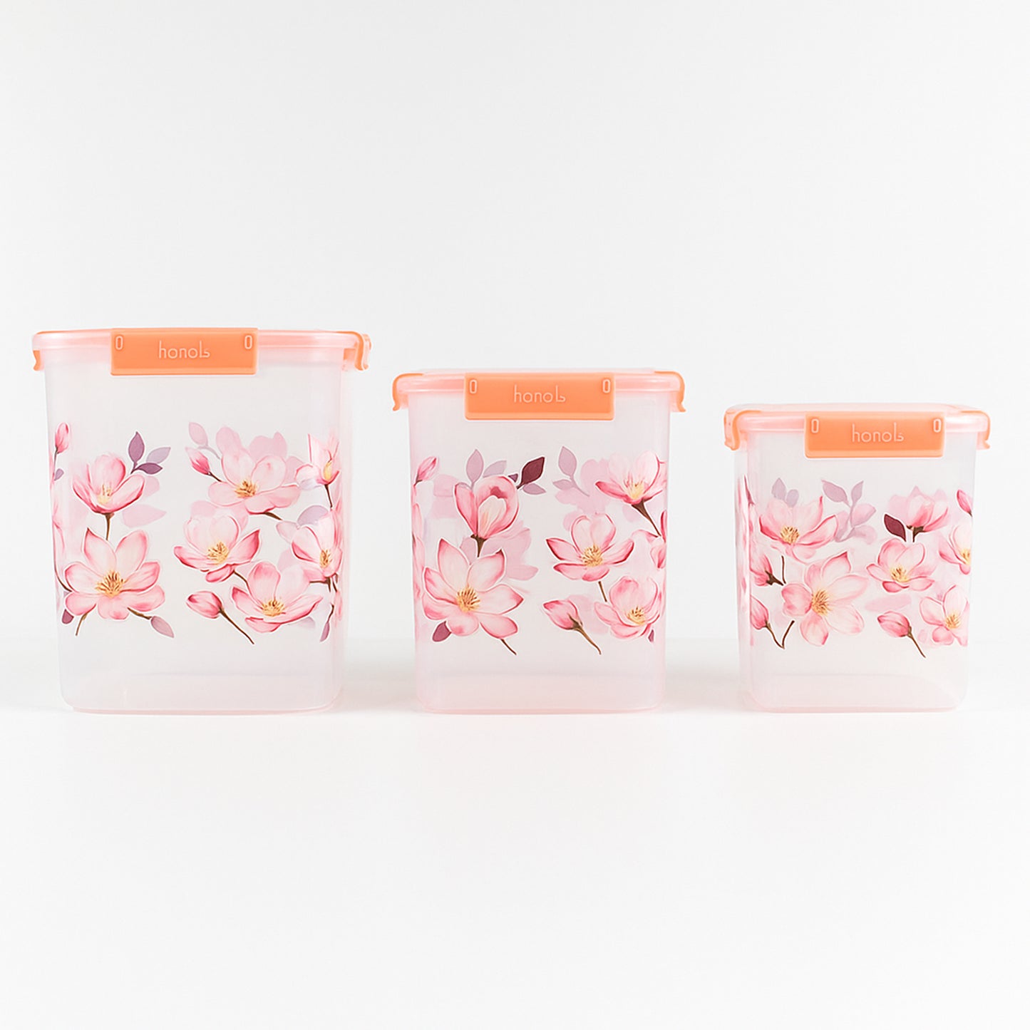 Wukusy floral printed 3-piece airtight storage container set with 2.8L, 4.5L, and 6.9L capacities for kitchen organization.