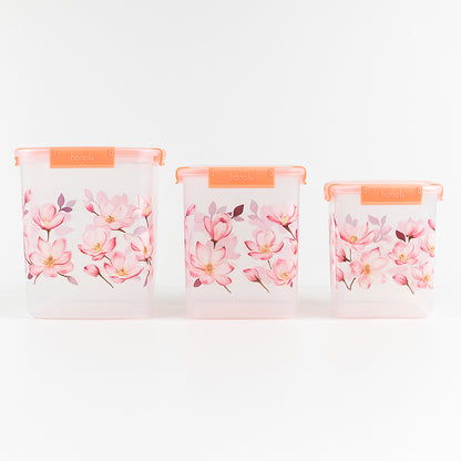 Wukusy floral printed 3-piece airtight storage container set with 2.8L, 4.5L, and 6.9L capacities for kitchen organization.