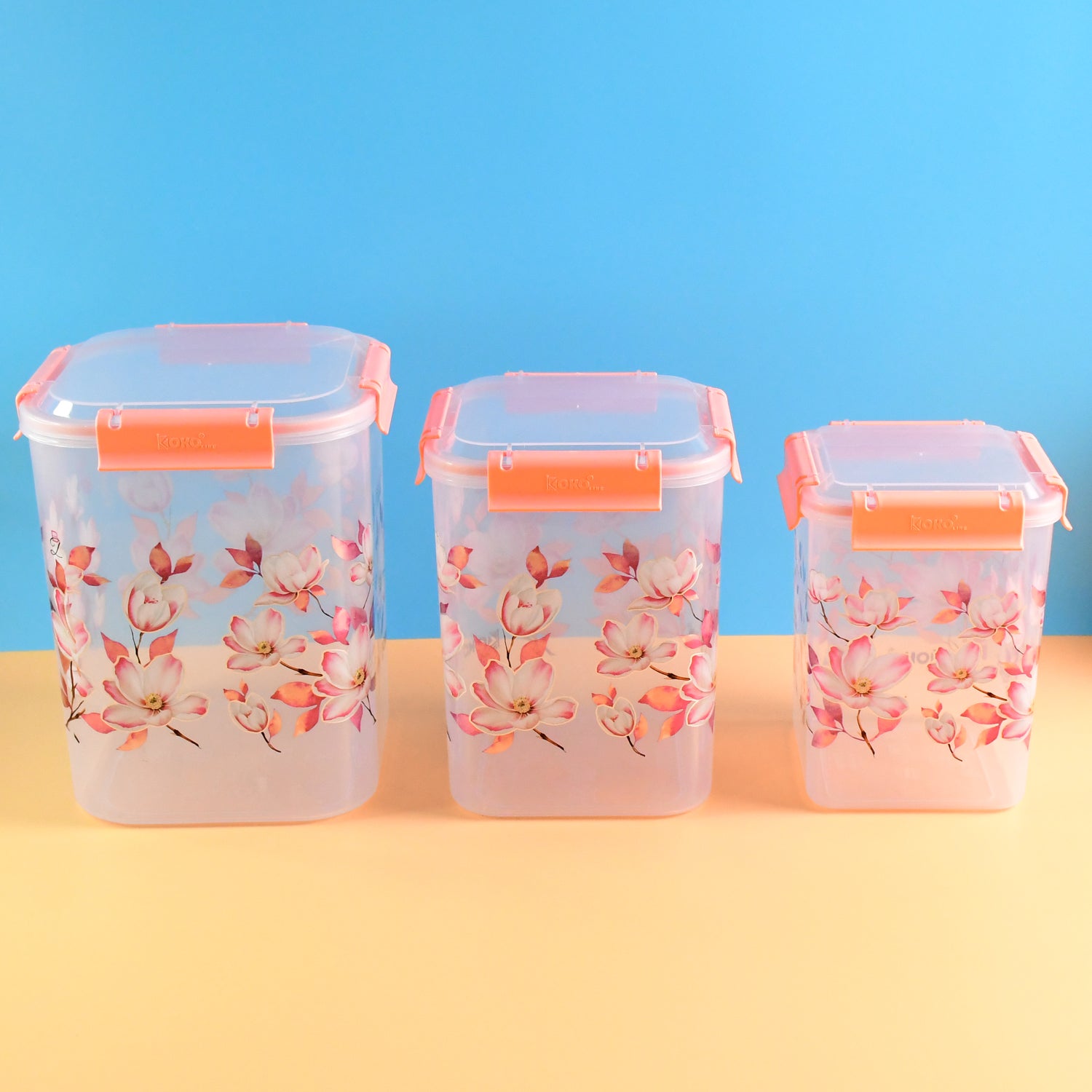 Wukusy floral printed airtight storage container set with three square containers in 2.8, 4.5, and 6.9 liters for kitchen use