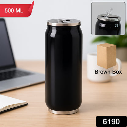 Stainless steel can-shaped vacuum flask with built-in straw, 500ml capacity, ideal for hot or cold beverages in home and kitchen use.