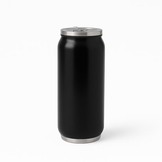 Stainless steel can-shaped vacuum flask with built-in straw, 500ml capacity, by Wukusy, ideal for drinks at home or on the go.