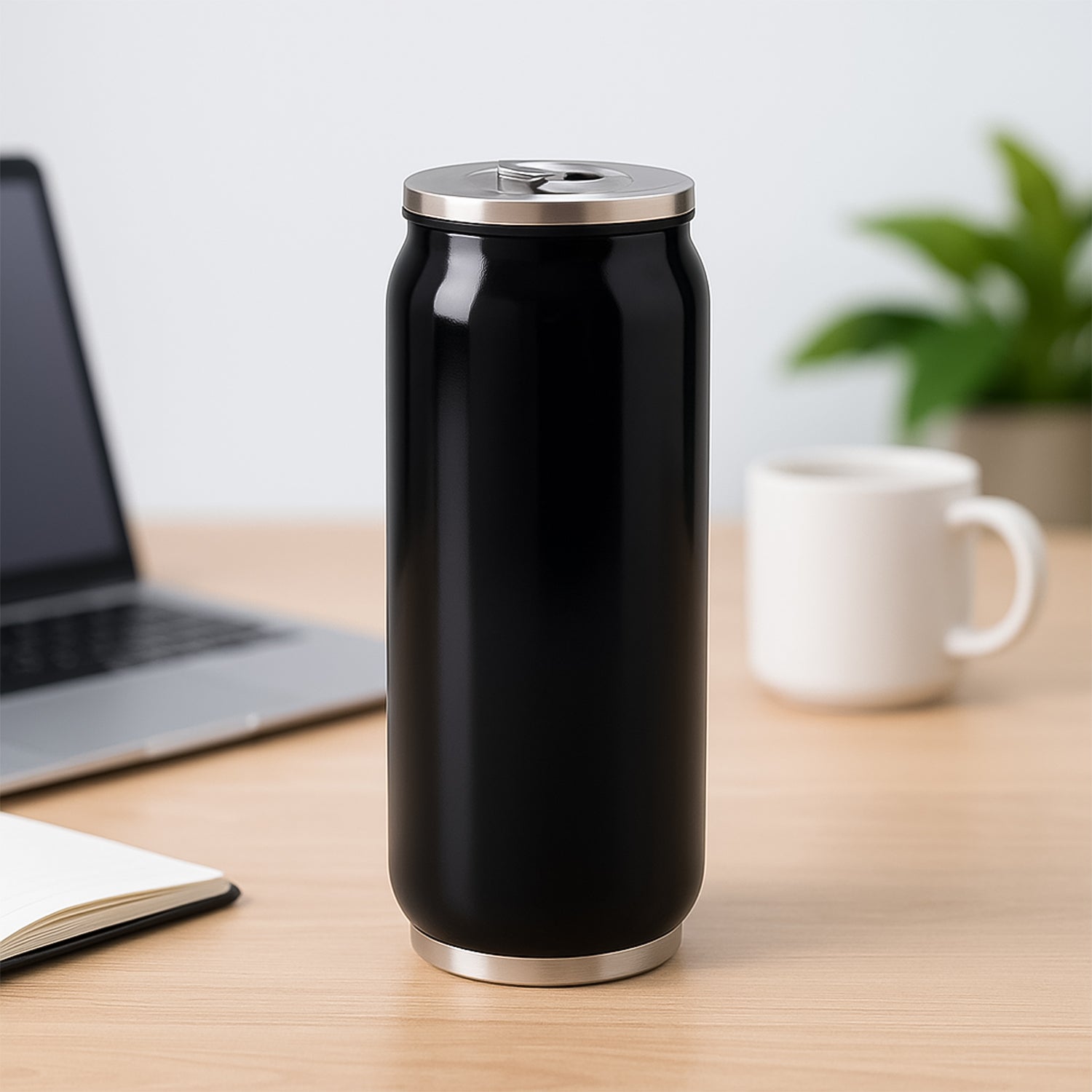 Wukusy stainless steel can-shaped vacuum flask with built-in straw, 500ml capacity, ideal for hot and cold beverages.