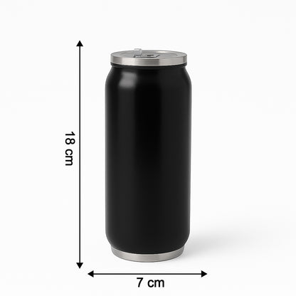 Stainless steel can-shaped vacuum flask with built-in straw, 500ml capacity, by Wukusy, for hot or cold beverages at home or on the go.