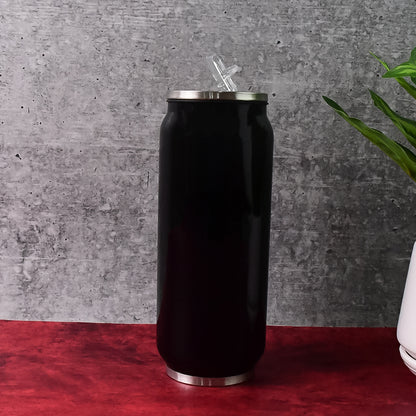 Stainless steel can-shaped vacuum flask with built-in straw, 500ml capacity, designed for home and kitchen use by Wukusy.