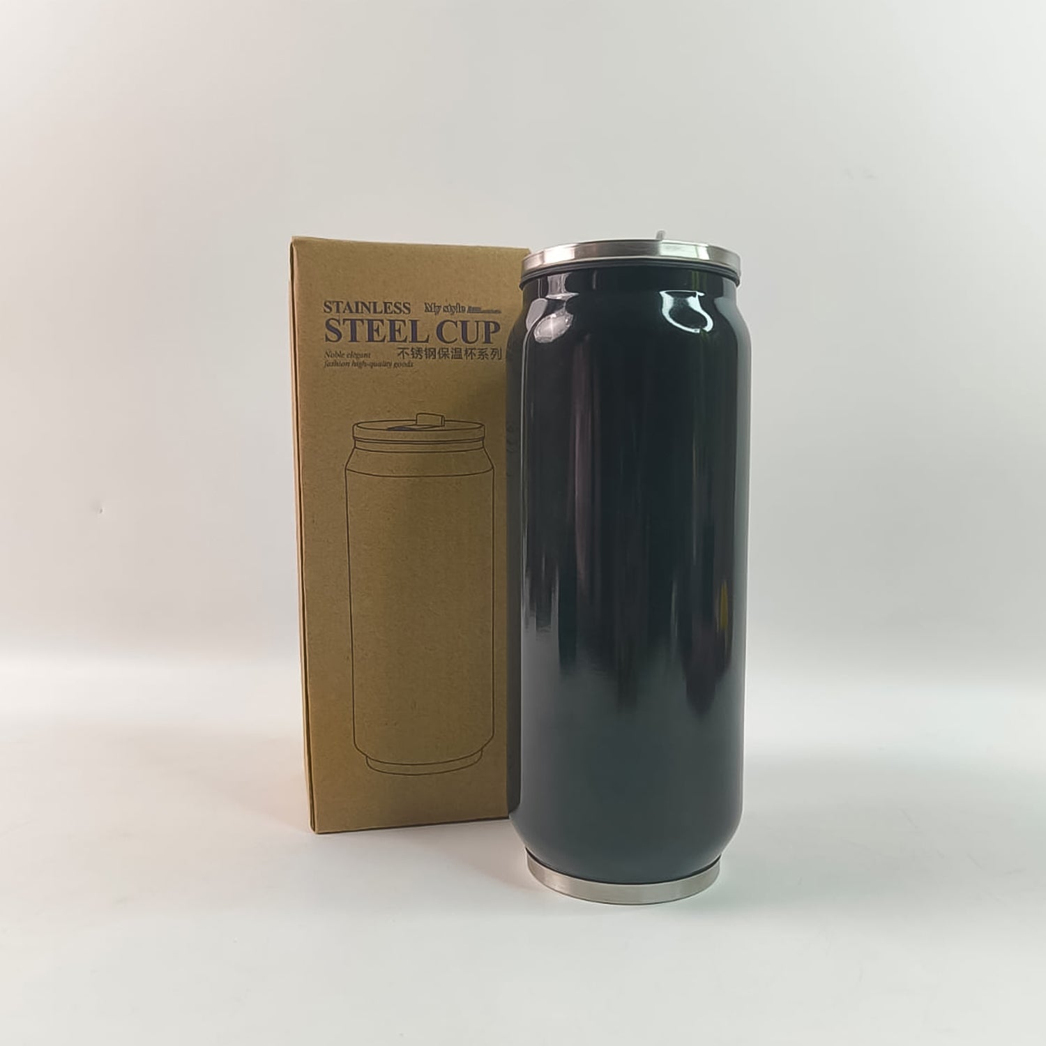 Wukusy stainless steel can-shaped vacuum flask with built-in straw, 500ml capacity, ideal for keeping beverages hot or cold.