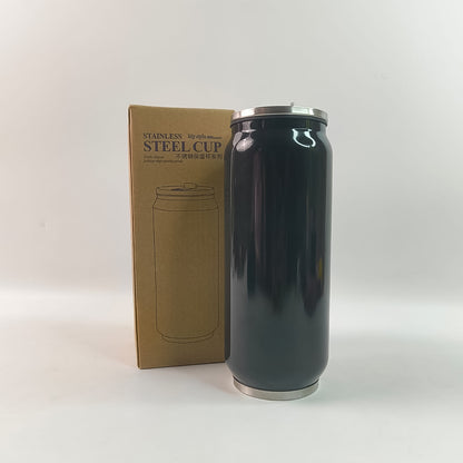 Wukusy stainless steel can-shaped vacuum flask with built-in straw, 500ml capacity, ideal for keeping beverages hot or cold.