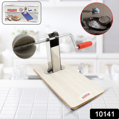 Stainless steel coconut scraper with wooden base, Wukusy home kitchen tool for easy coconut meat removal.
