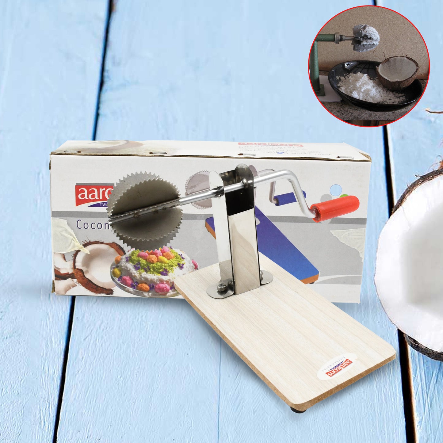 Stainless steel coconut scraper with wooden base from Wukusy, designed for efficient coconut meat removal in kitchen.
