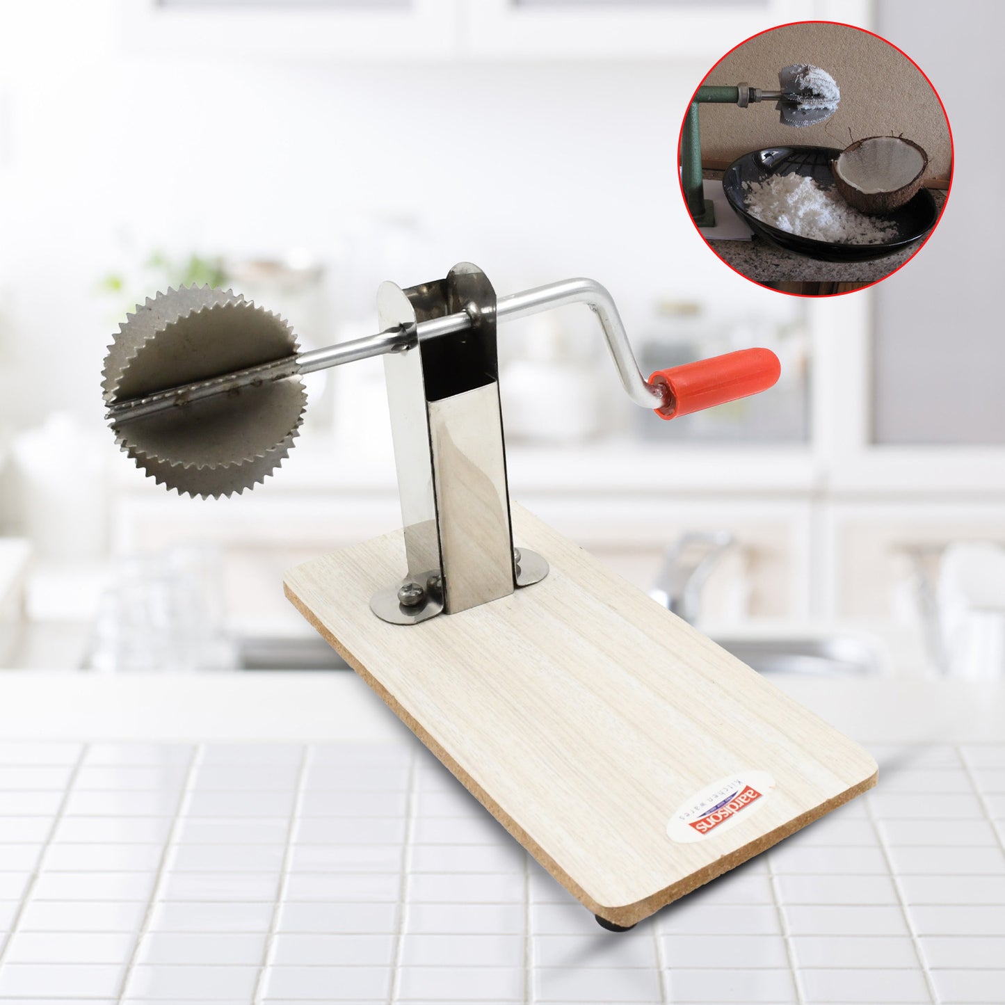 Stainless steel coconut scraper with wooden base from Wukusy, designed for easy coconut meat removal in home and kitchen use.