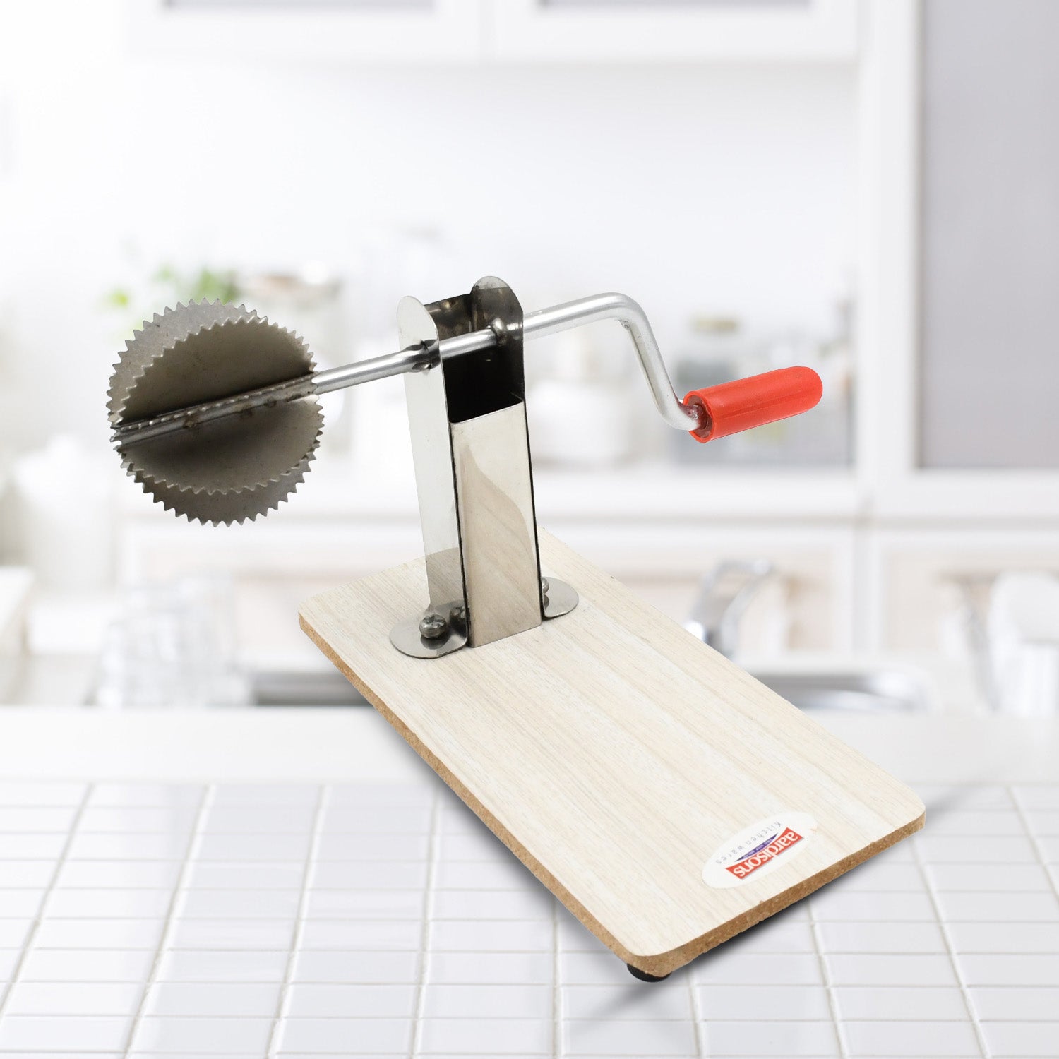 Stainless steel coconut scraper with wooden base, Wukusy home kitchen tool for effortless coconut meat removal.