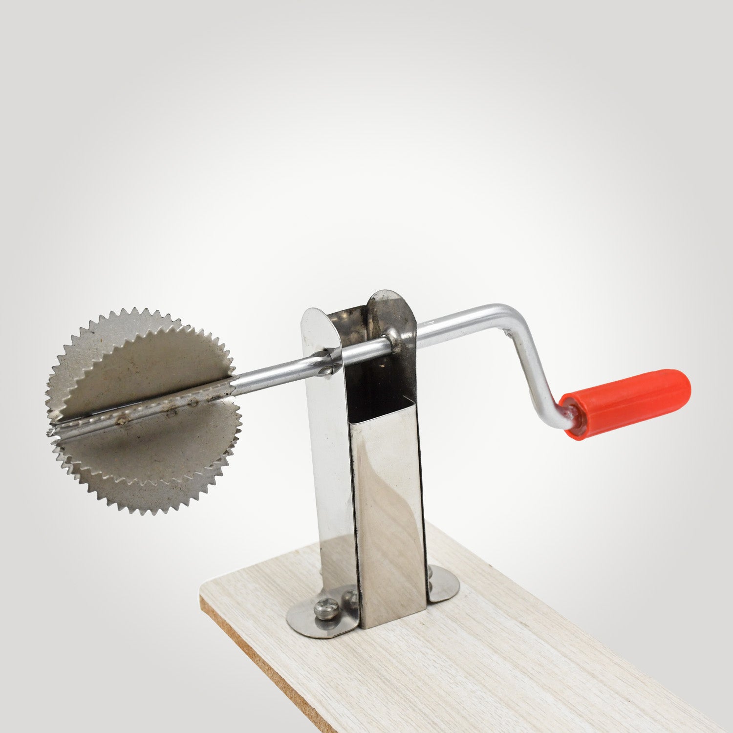 Stainless steel coconut scraper with wooden base, Wukusy home kitchen tool for easy coconut meat removal.