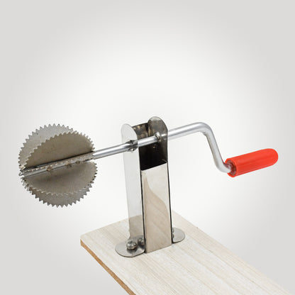 Stainless steel coconut scraper with wooden base, Wukusy home kitchen tool for easy coconut meat removal.