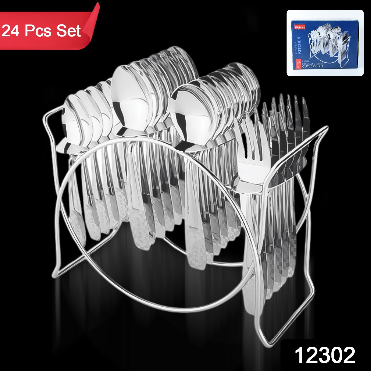 Wukusy 24-piece stainless steel cutlery set with elegant storage stand for home and kitchen dining.