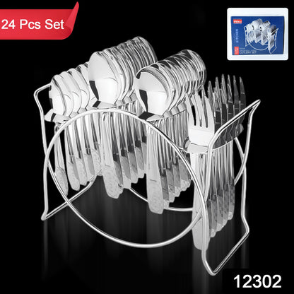Wukusy 24-piece stainless steel cutlery set with elegant storage stand for home and kitchen dining.