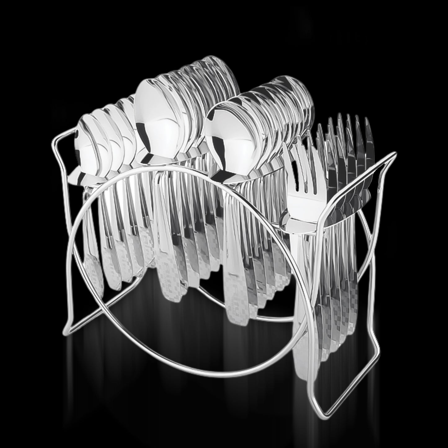 Wukusy stainless steel cutlery set with 24 pieces and elegant storage stand, includes knives, forks, spoons for home and kitchen use.