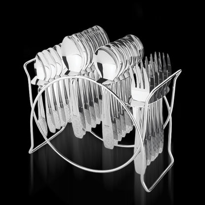 Wukusy stainless steel cutlery set with 24 pieces and elegant storage stand, includes knives, forks, spoons for home and kitchen use.