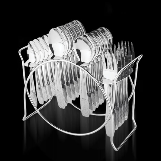 Wukusy stainless steel cutlery set with 24 pieces and elegant storage stand, includes knives, forks, spoons for home and kitchen use.