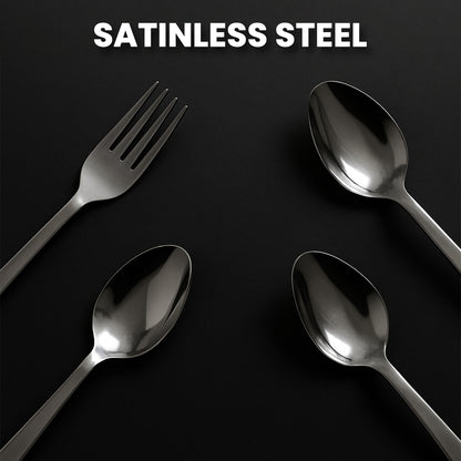 Wukusy 24-piece stainless steel cutlery set with elegant storage stand for home and kitchen use.