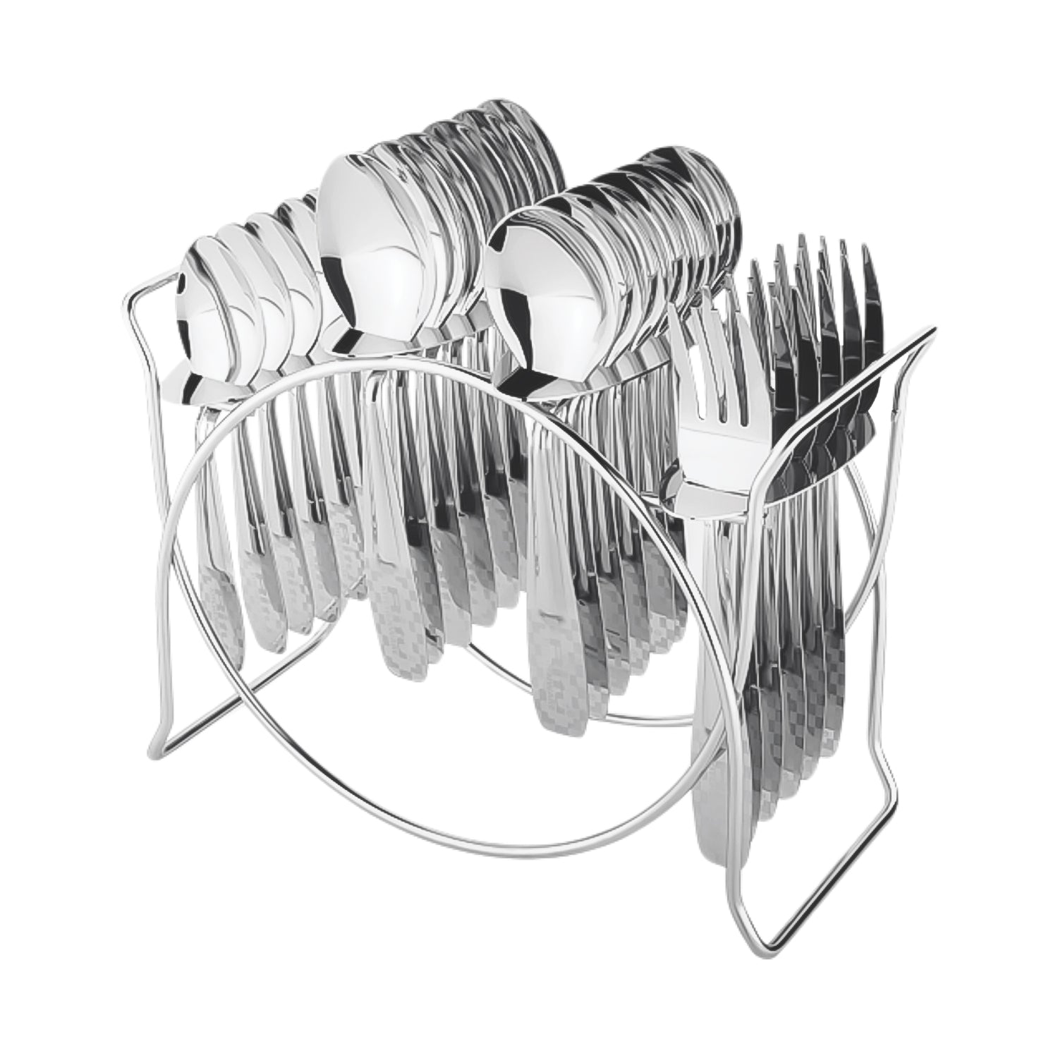Wukusy stainless steel cutlery set with 24 pieces on an elegant storage stand, includes forks, knives, spoons for home and kitchen use.