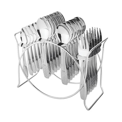 Wukusy stainless steel cutlery set with 24 pieces on an elegant storage stand, includes forks, knives, spoons for home and kitchen use.