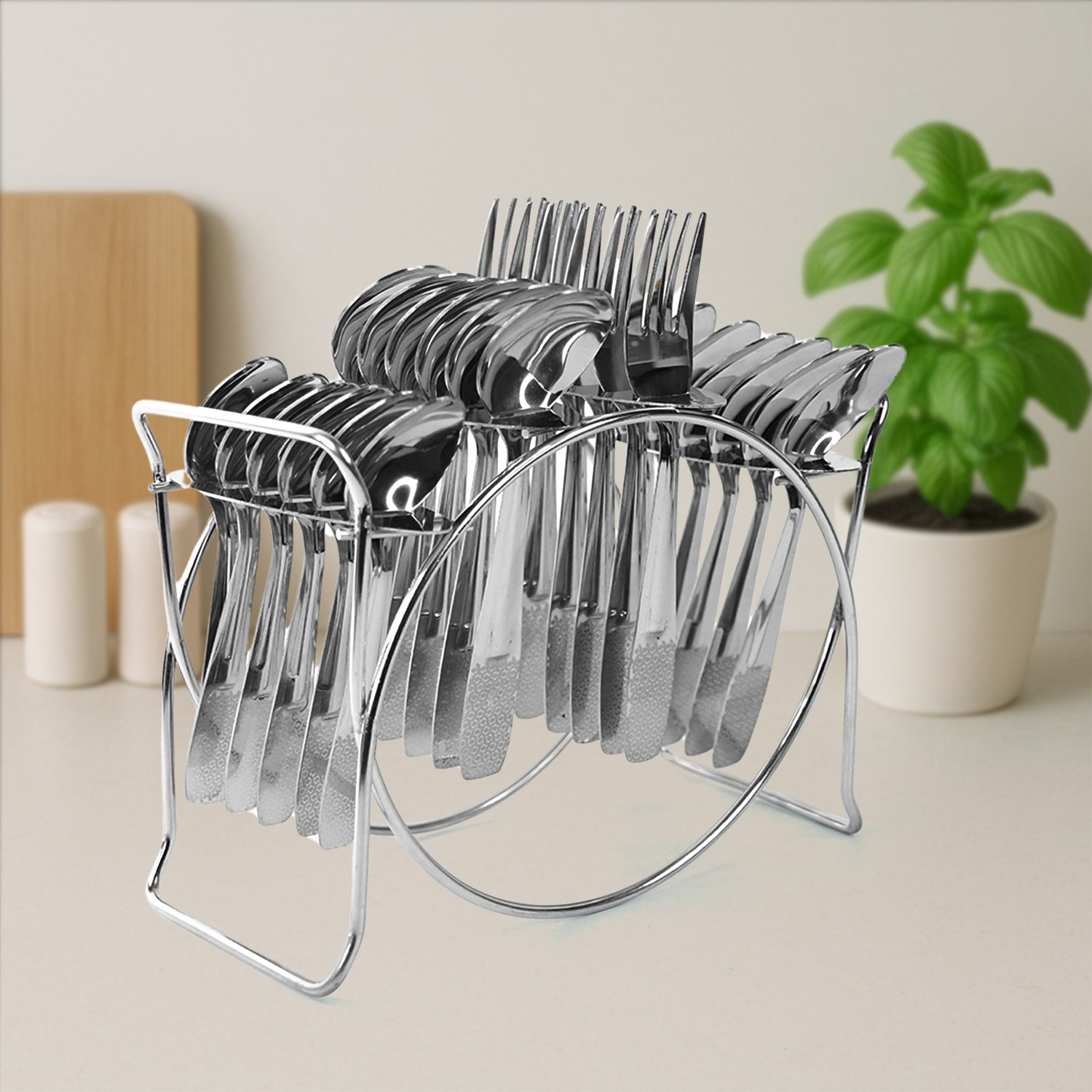 Wukusy stainless steel cutlery set with 24 pieces displayed on an elegant storage stand for home and kitchen use.