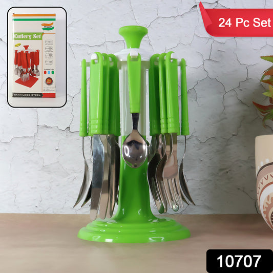 Wukusy stainless steel cutlery set with 24 pieces displayed on a stand, including knives, forks, and spoons for home and kitchen use.