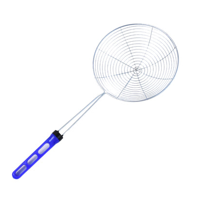 Large Wukusy stainless steel deep fry strainer for kitchen use, with fine mesh and sturdy handle for safe, easy frying and draining.
