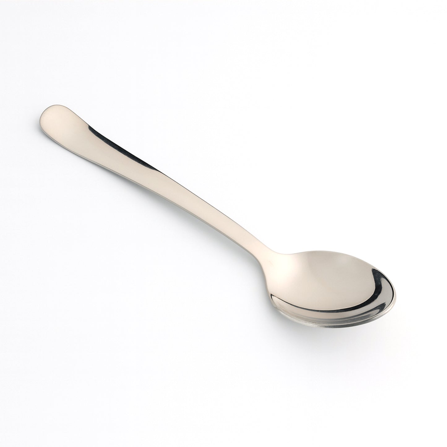 Stainless steel baby dining spoon by Wukusy, designed for infants, with a small handle and rounded scoop for easy feeding.