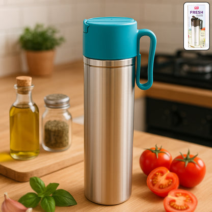 Stainless steel oil pourer bottle with flip lid and handle, 1000ml capacity, ideal for kitchen use by Wukusy.