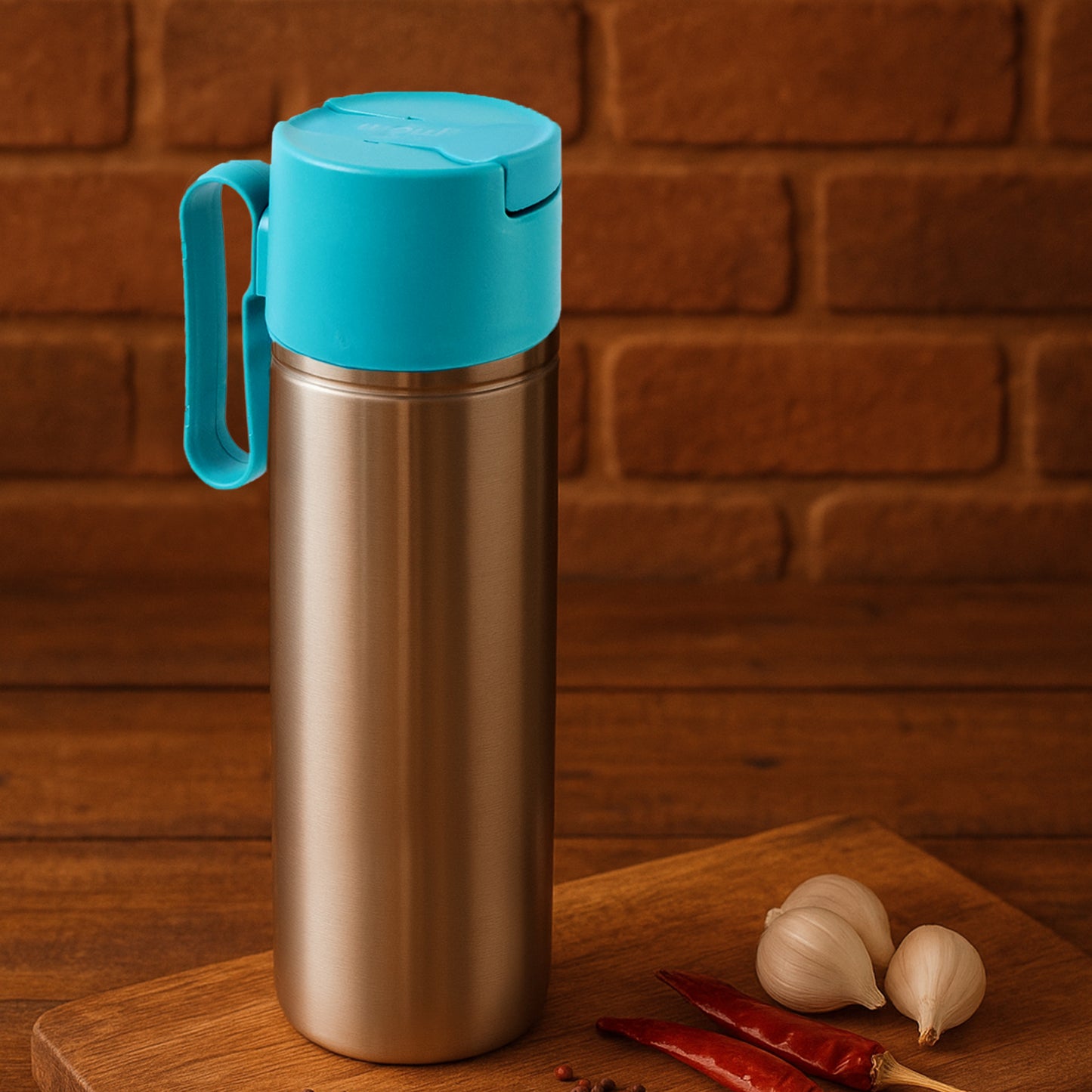 Stainless steel Wukusy oil pourer bottle with flip lid and handle, 1000ml capacity for kitchen use