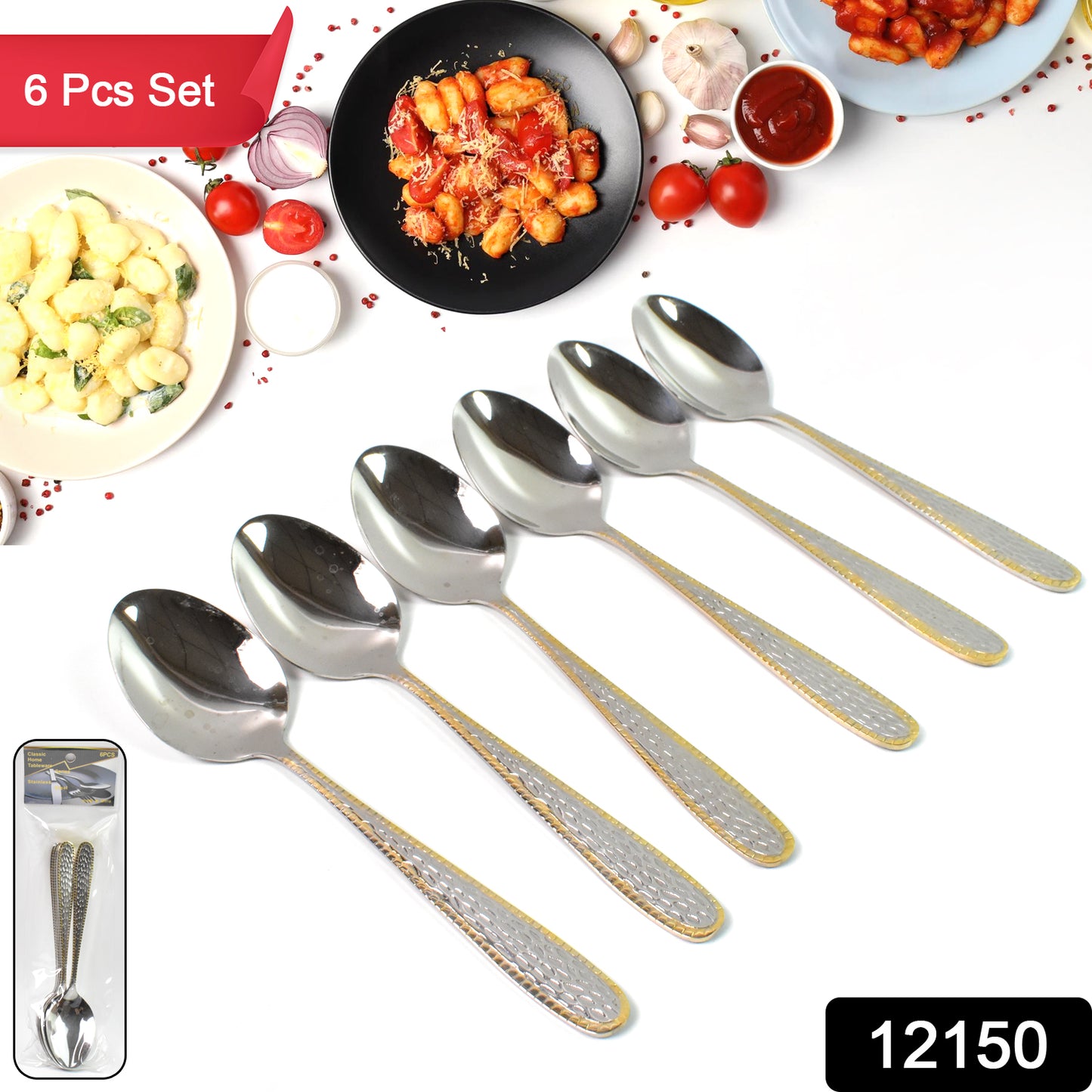 Set of 6 Wukusy stainless steel textured spoons with gold-plated handles, ideal for home and kitchen use.