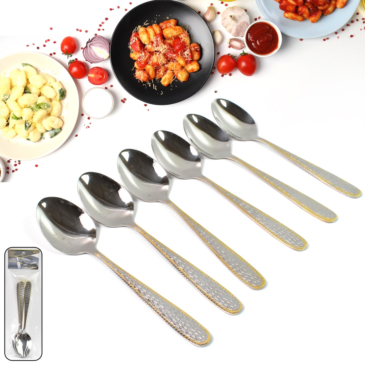 Set of 6 Wukusy stainless steel textured spoons with gold-plated handles, ideal for elegant dining and kitchen use.