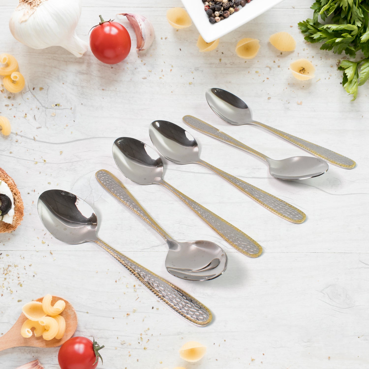 Set of 6 Wukusy stainless steel textured spoons with gold-plated handles, perfect for home and kitchen use.