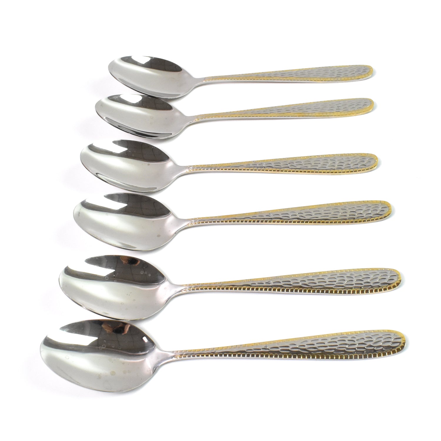 Set of 6 Wukusy stainless steel textured spoons with gold-plated handles, ideal for elegant dining and serving in the kitchen.
