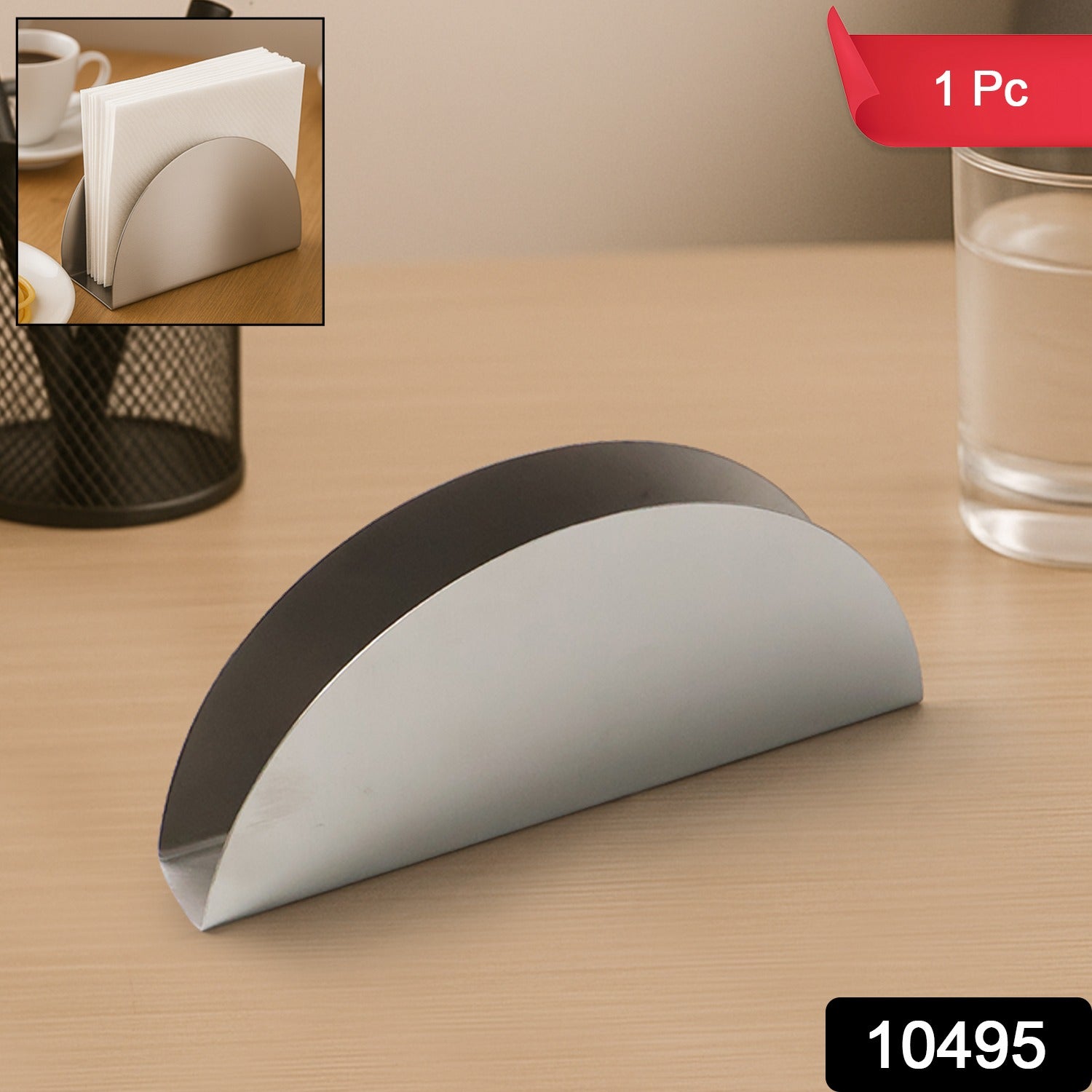 Stainless steel half-moon tissue paper napkin holder stand by Wukusy, sleek, modern design for home and kitchen use.